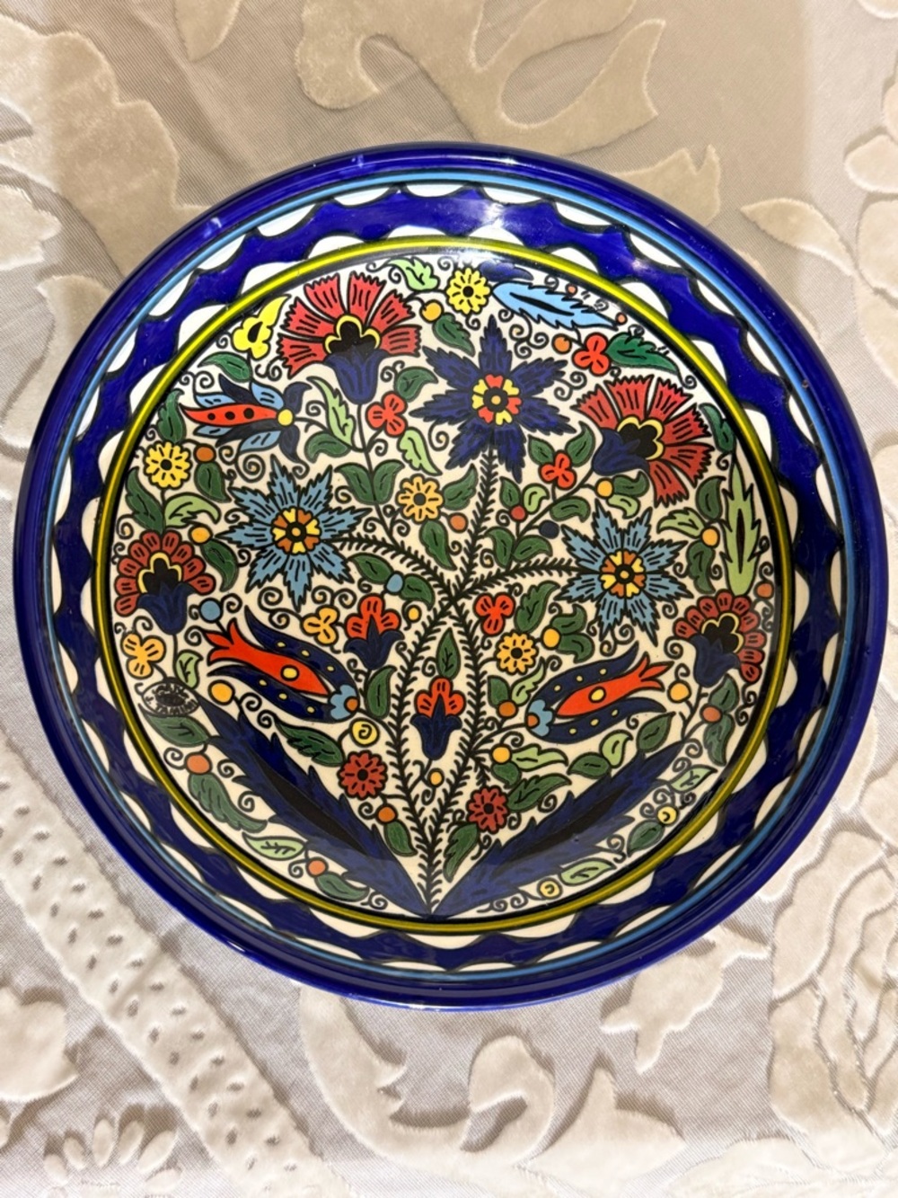 Hand-Painted Tamimi Hebron Blue Floral Ceramic Bowl - Decorative Home Art
